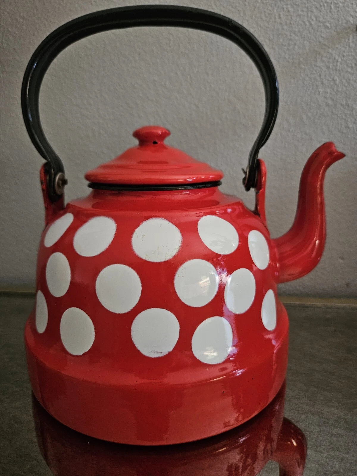 Vintage Enamelware Polka Dot Teapot / Mid Century Enamel Kettle