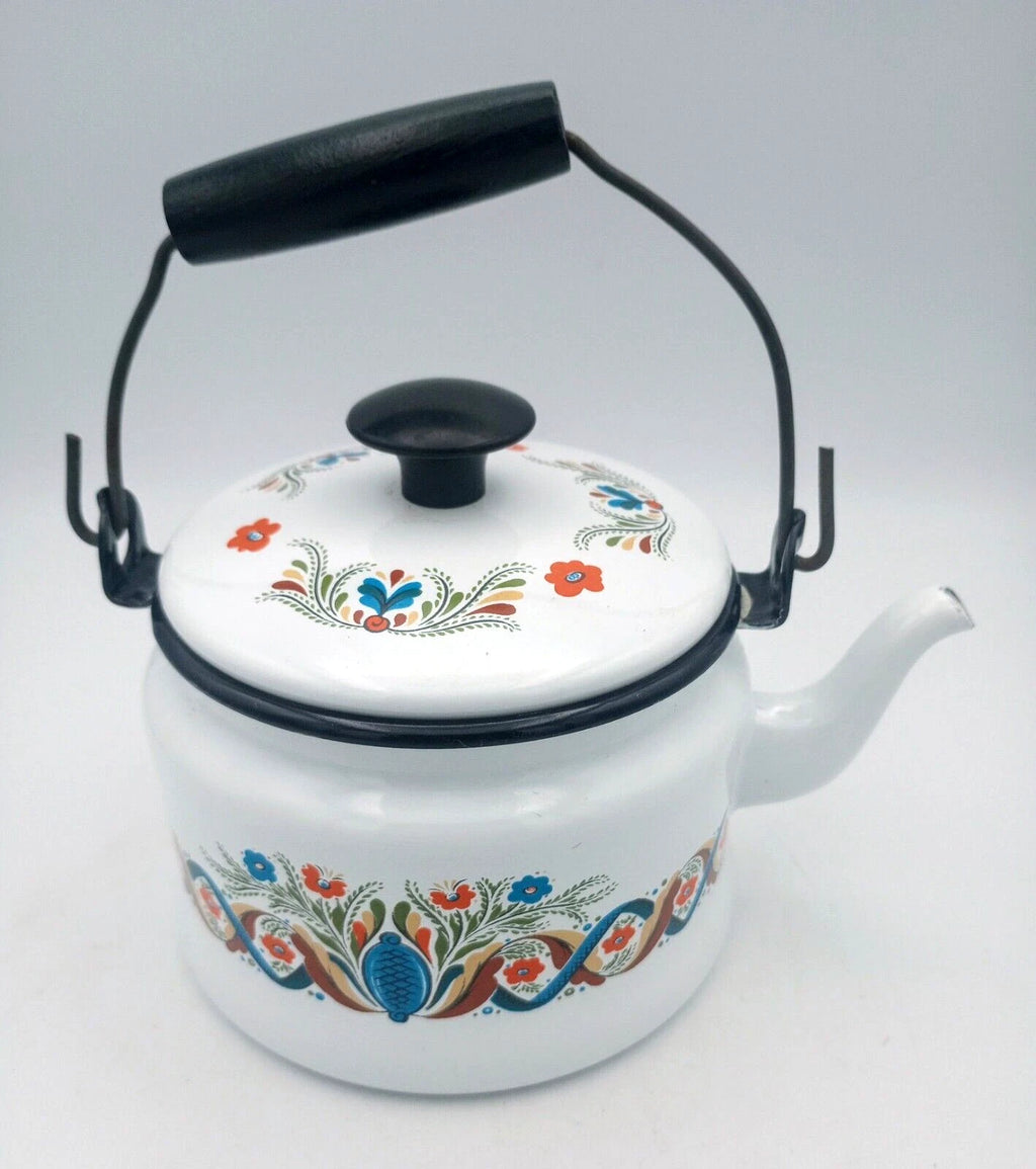 Vintage Berggren Swedish Folk Art  Enamelware Floral Handled Tea Pot Tea Kettle