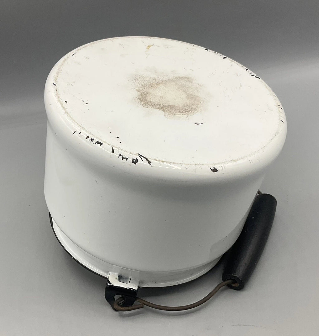 Vintage 64oz Enameled Ware Enamelware White & Black Trim Tea Water Kettle USA