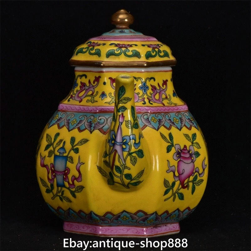 China Yellow Glaze Colour Enamel Porcelain Gilt 8 Auspicious Symbol Kettle Pot