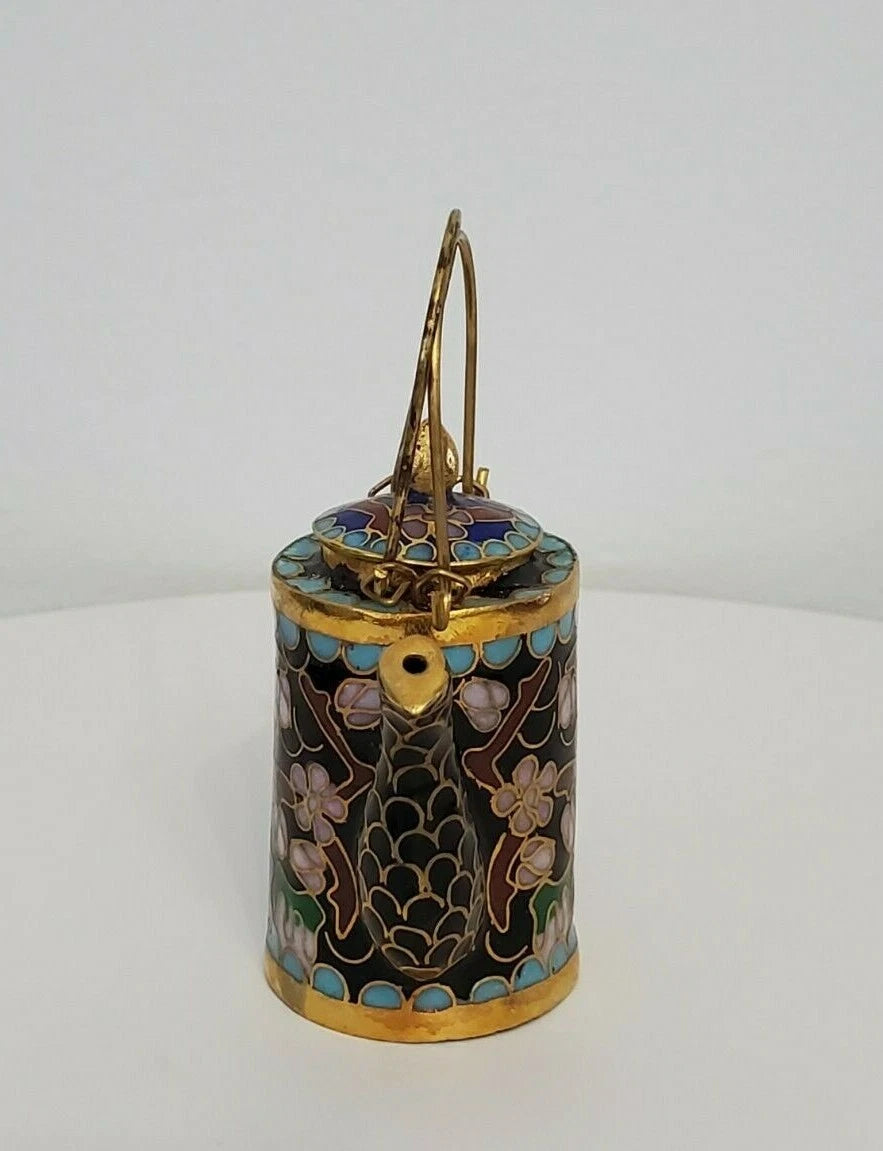 VTG CHINESE CLOISONNE BRASS AND ENAMEL BLACK MINIATURE TEAPOT
