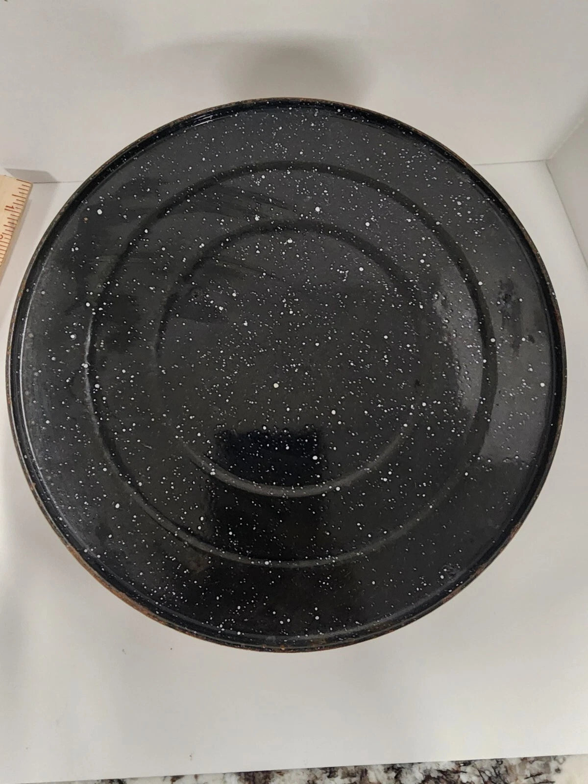 Vintage Enamelware Coffee Tea Pot, Camping Kettle Black Speckled 8” Tall No Lid