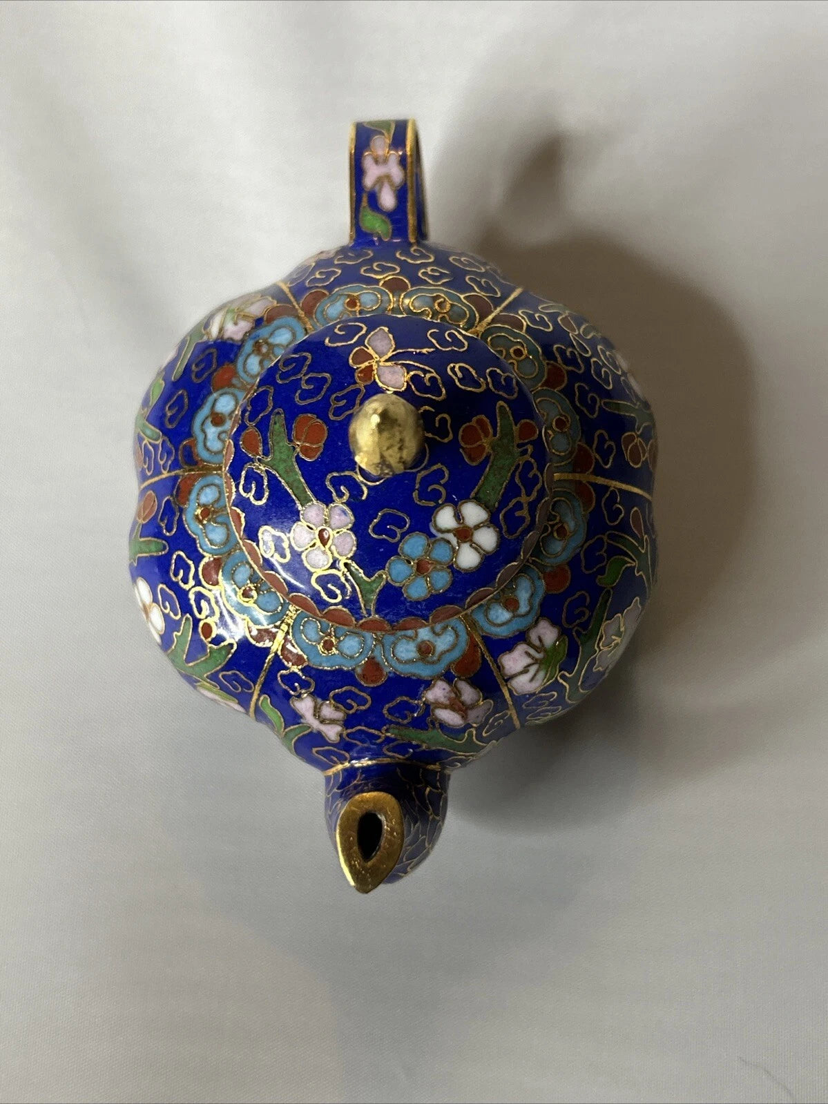Vintage Cloisonne Blue Floral Enamel on Metal Miniature Teapot
