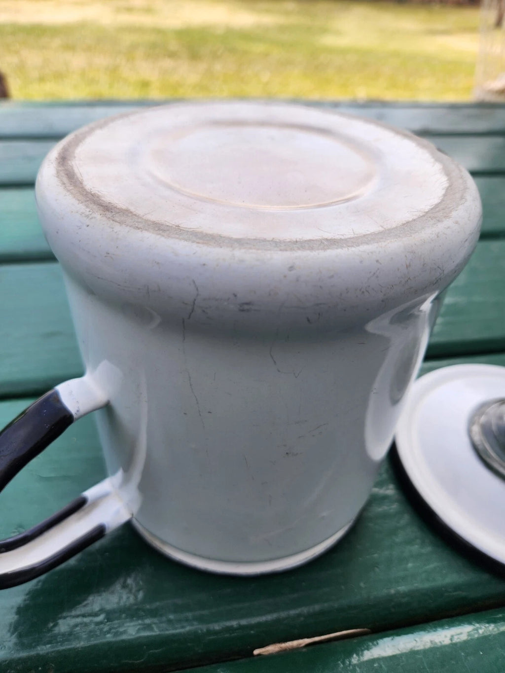 Vintage White Enamelware Kettle, Coffee Pot w/Glass Top w/lids & Flowery Bowl