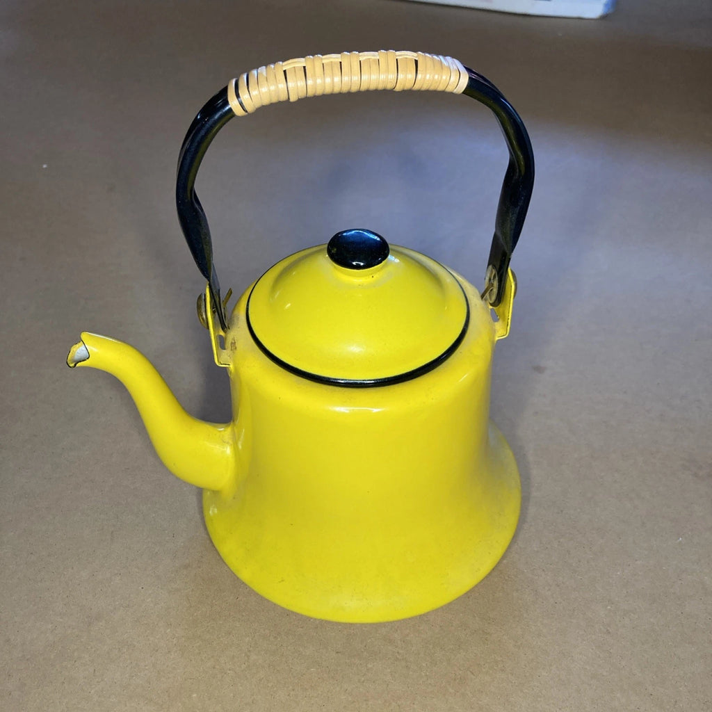 Vintage Yellow Enamelware Teapot Kettle Bamboo Wrapped Handle Japan MCM Retro