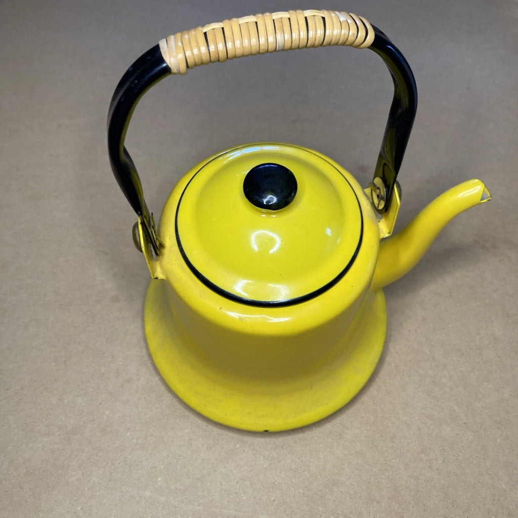Vintage Yellow Enamelware Teapot Kettle Bamboo Wrapped Handle Japan MCM Retro