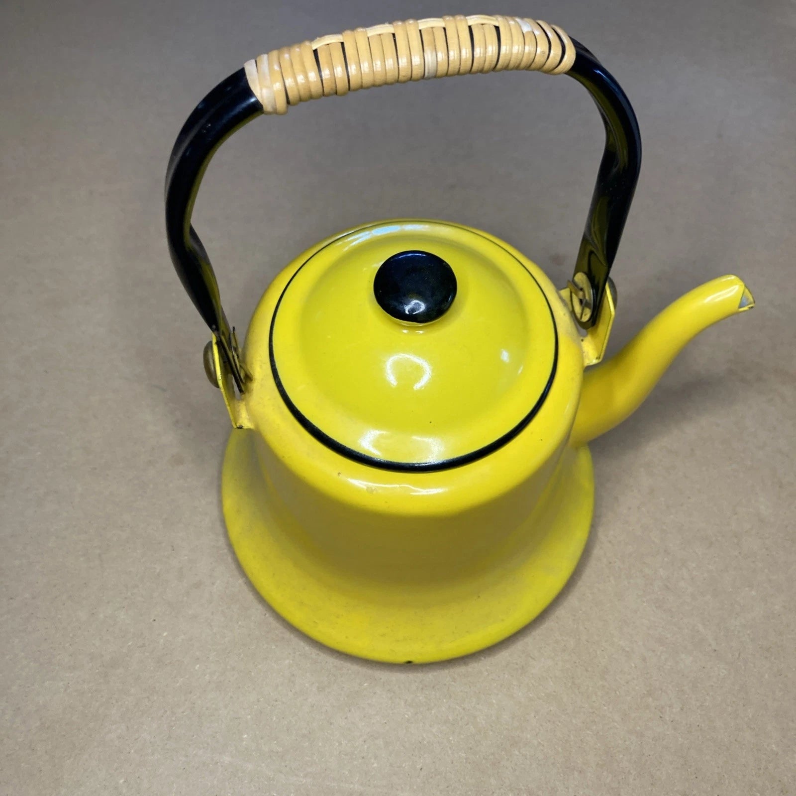 Vintage Yellow Enamelware Teapot Kettle Bamboo Wrapped Handle Japan MCM Retro