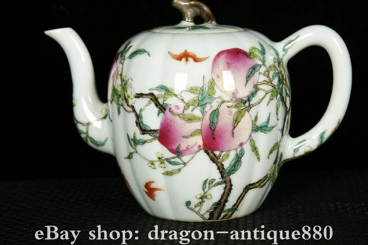 6.2" Qianlong Marked Enamel Colour Porcelain Fo Shou Peach Wine Tea Pot Flagon