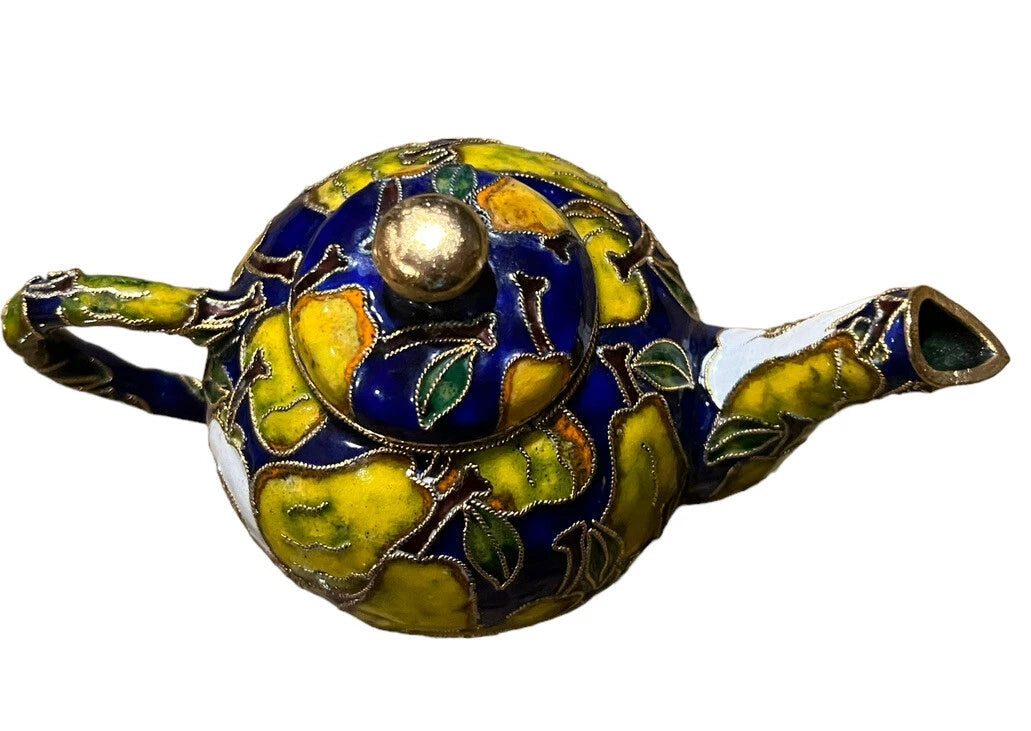 Chinese Vintage Brass Cloisonne Teapot Kettle Enamel Fruit Pear Mini