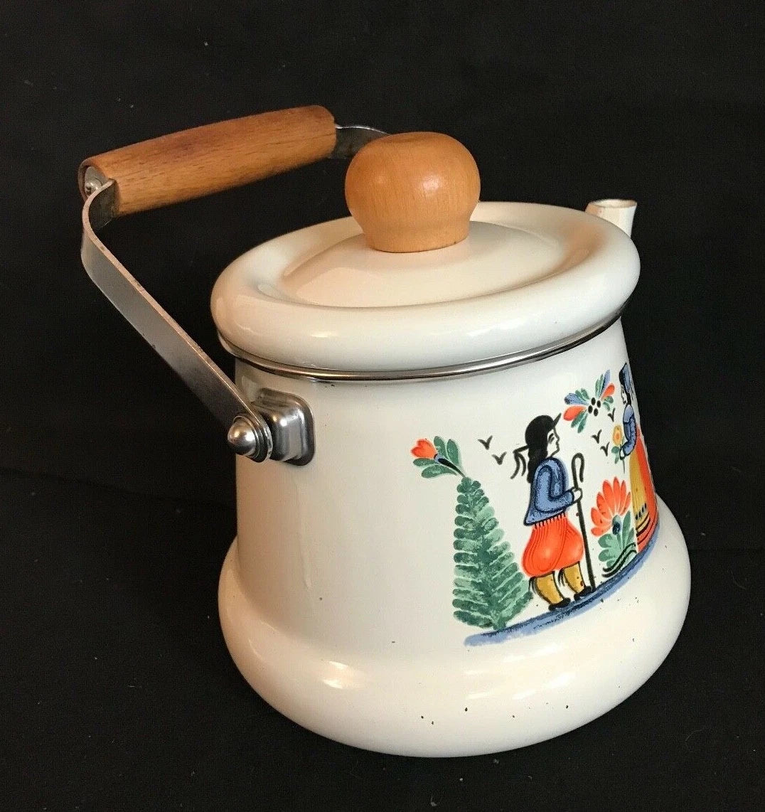 Unusual Quimper Enamel Tea Kettle,Tea Pot  French Peasants, Wood & Metal Handle