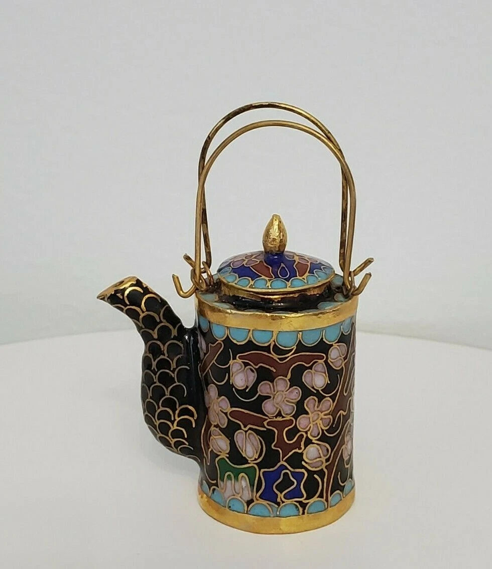 VTG CHINESE CLOISONNE BRASS AND ENAMEL BLACK MINIATURE TEAPOT