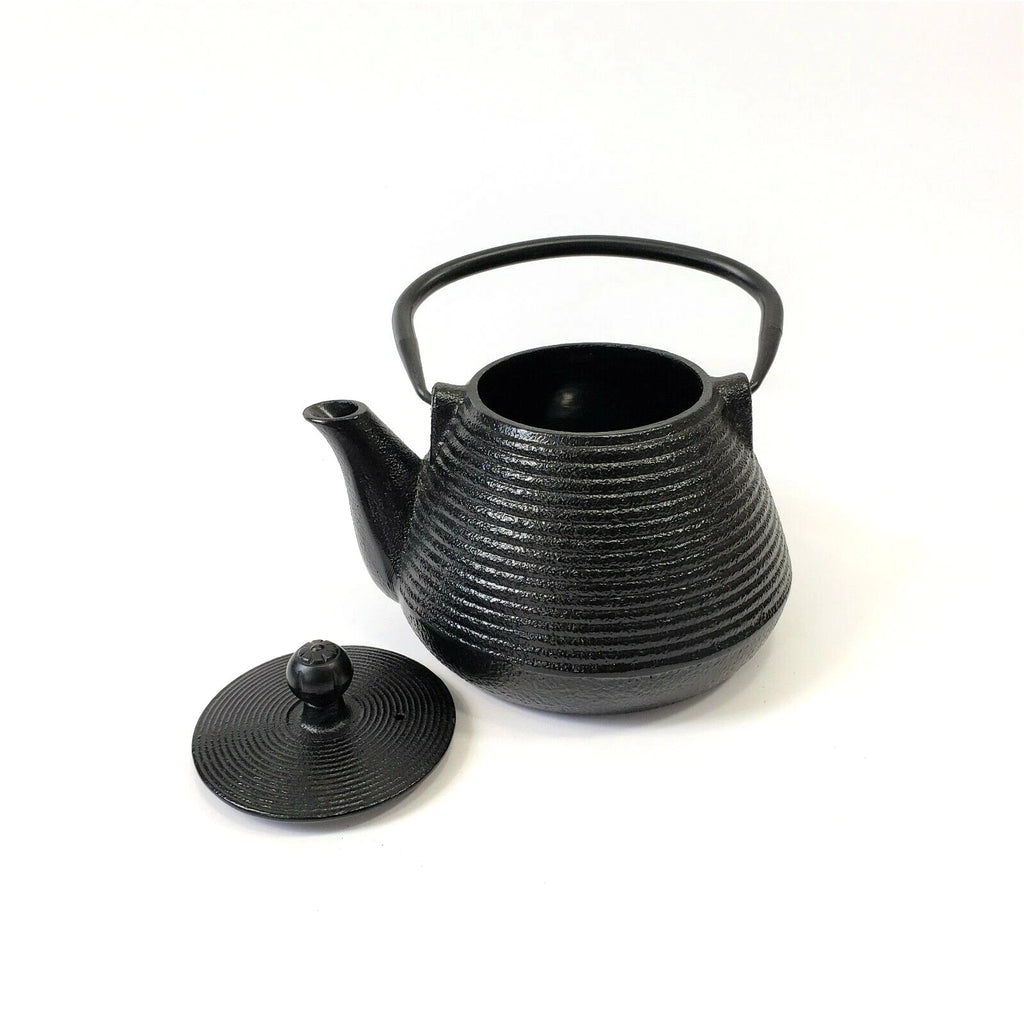 Cast Iron Black Ribbed Tea Pot Teapot Tea Kettle Enamel with Lid and Handle