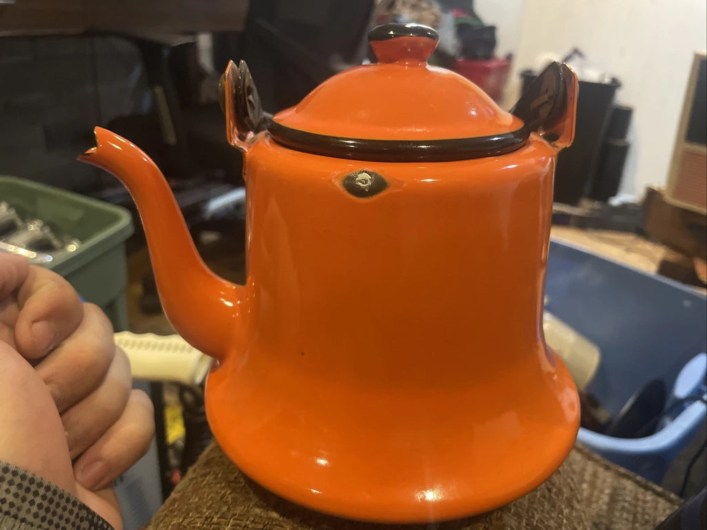VTG Retro Asahi Japan Orange Enamelware Tea Pot Kettle Rattan Wrap Handle