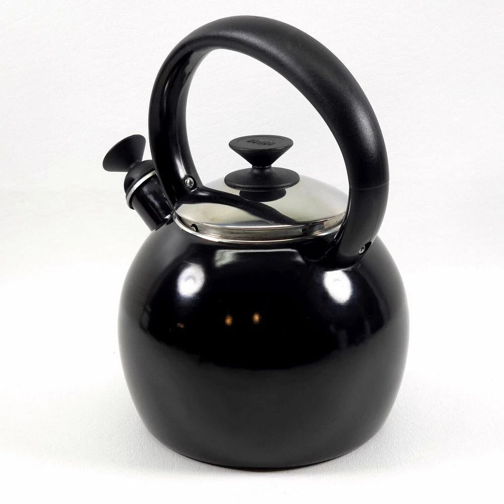 Copco Whistling Teapot Tea Kettle Pot Onyx Black Enamel With Handle and Lid EUC