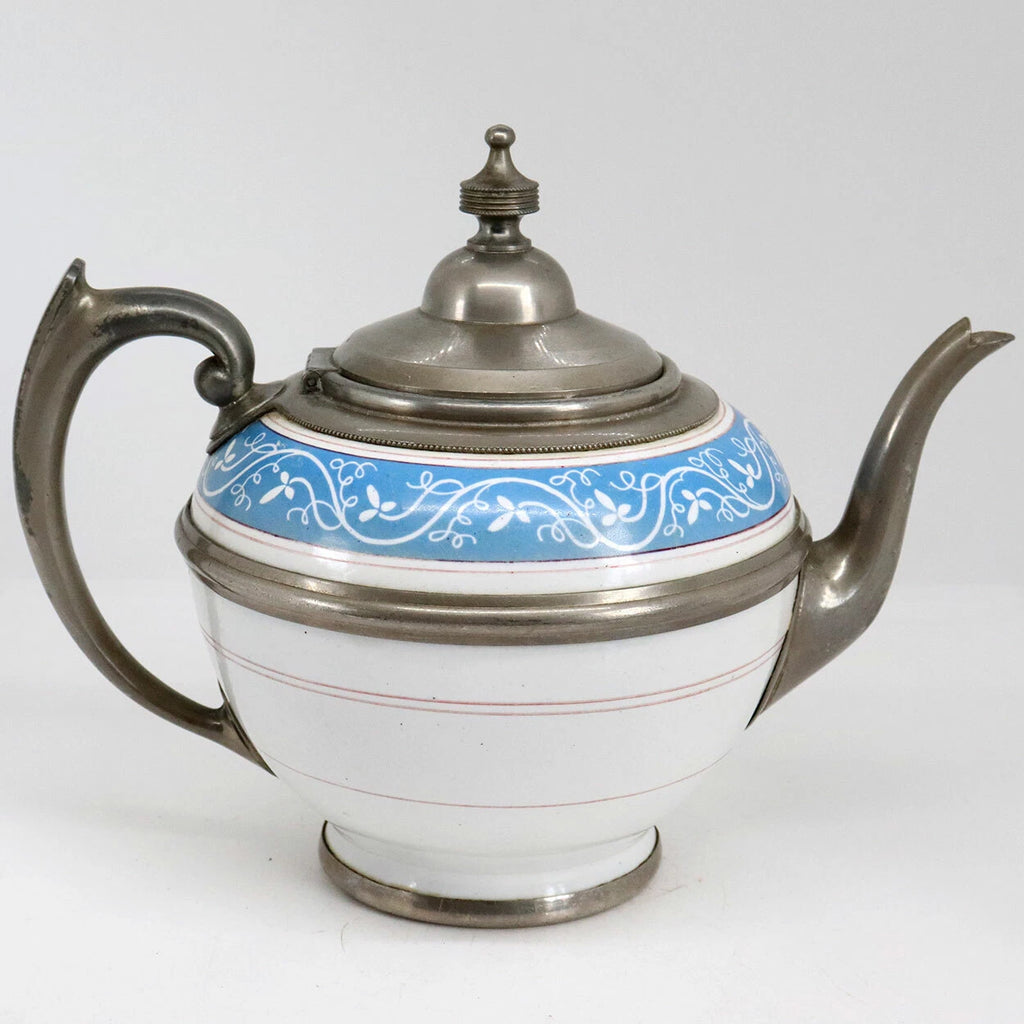 Antique American Manning, Bowman & Co. Pewter & Enamel Teapot c. 1880