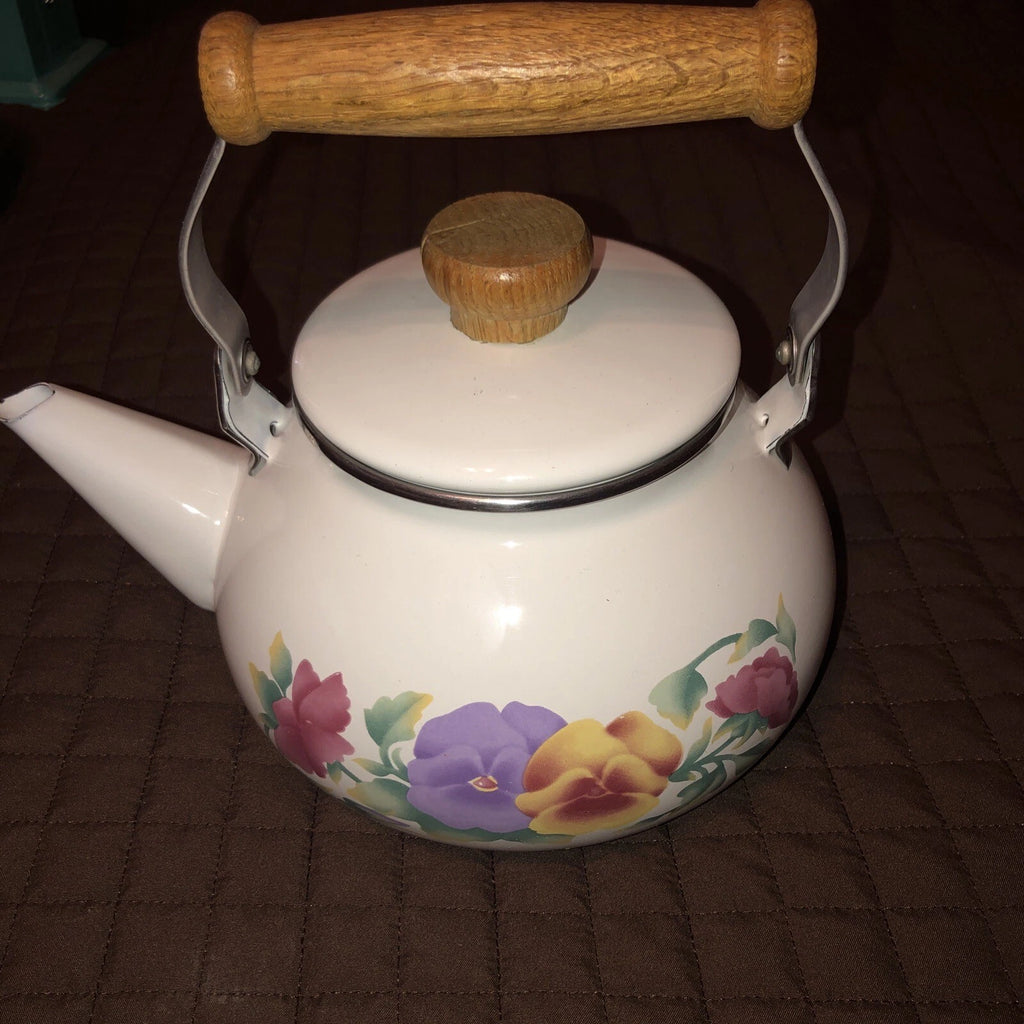 Vintage Enamel Lincoware Tea Pot Kettle White Flowers Pattern Wood  Handles RARE