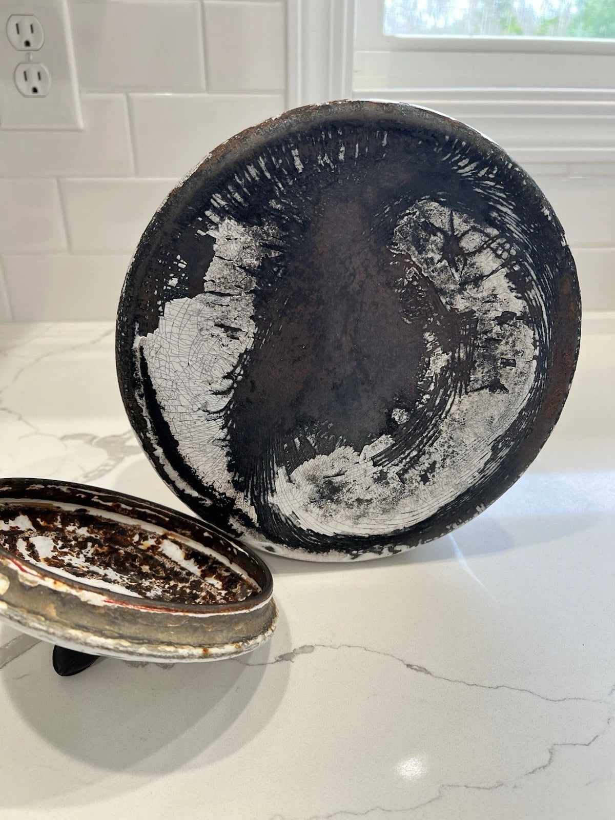 VTG Enamelware Tea Kettle Very Rustic W/Vintage Charm Whitewash/ Red Trim