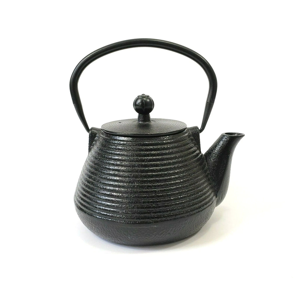 Cast Iron Black Ribbed Tea Pot Teapot Tea Kettle Enamel with Lid and Handle