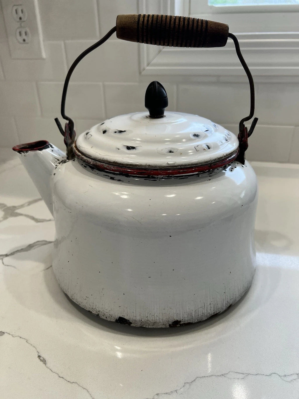 VTG Enamelware Tea Kettle Very Rustic W/Vintage Charm Whitewash/ Red Trim