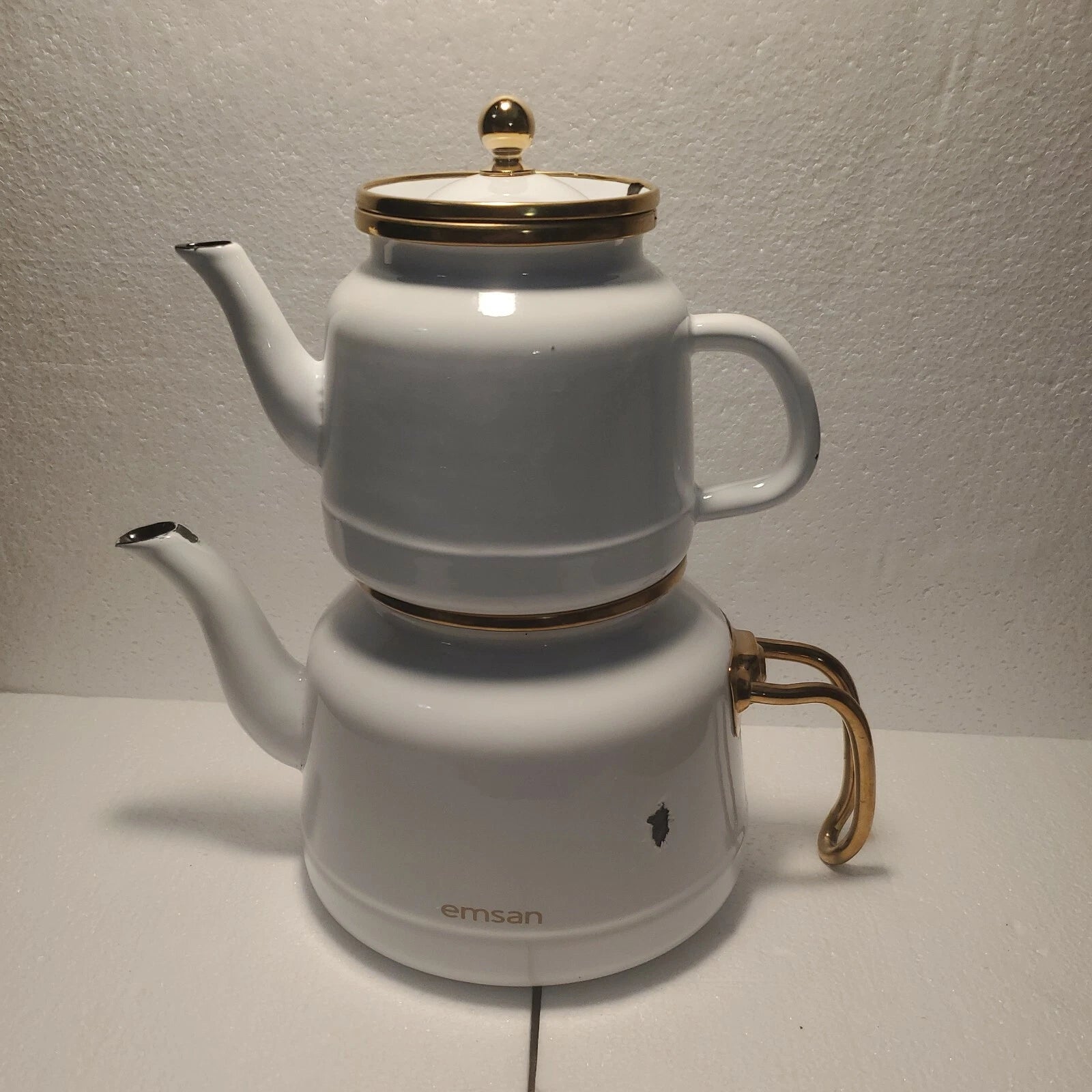 Emsan Troy Kettle White Nostalgia Enamel Vintage TeapotsTitanium Coated  c6