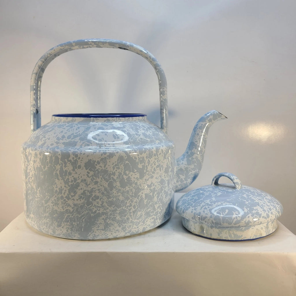 Blue & White Enamel Spatterware Swirl "Country Kitchen" Tea Kettle 7" Dia 8" T
