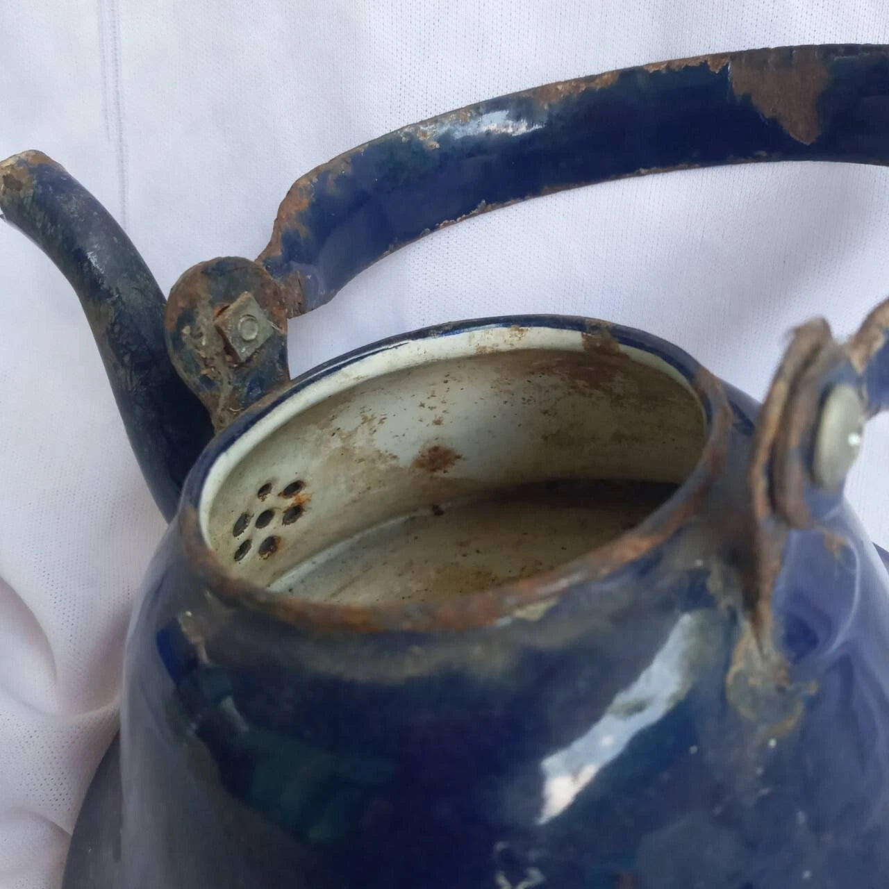 Classic enamel old Water kettle Czechoslovakia Rare collectible dark blue 14 cm.