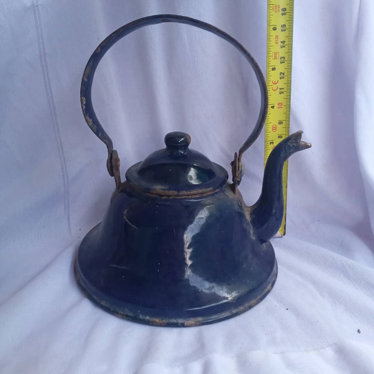 Classic enamel old Water kettle Czechoslovakia Rare collectible dark blue 14 cm.