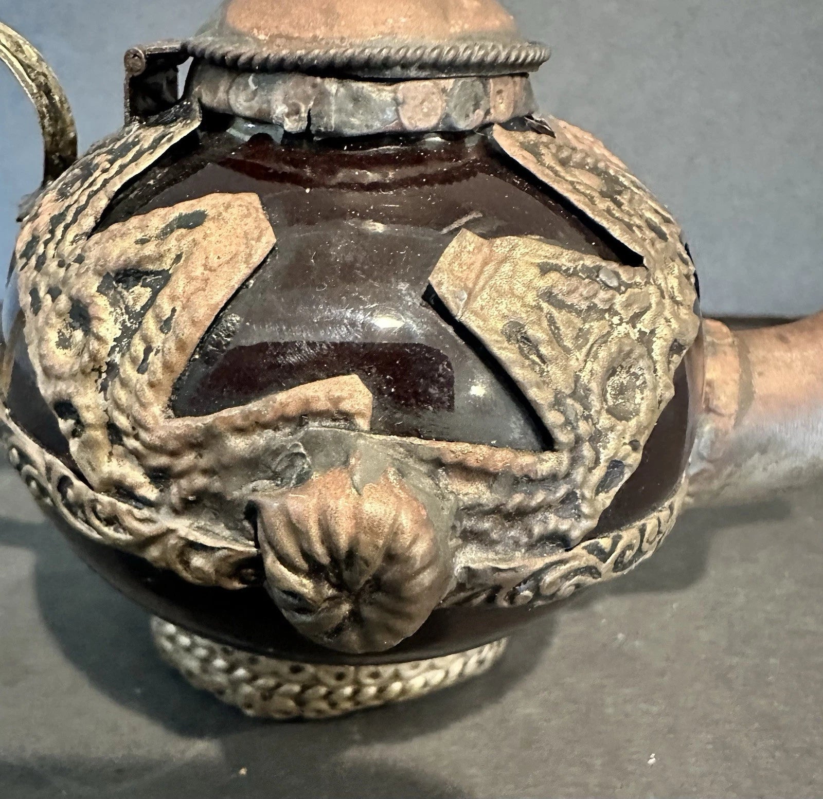 Moroccan Teapot Burnt Orange Ceramic Pottery Brass Accents Small Vintage