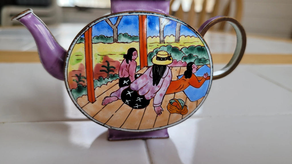 Miniature Brass & Enamel Decorative Tea Pot/Kettle, Women Relaxing Woman