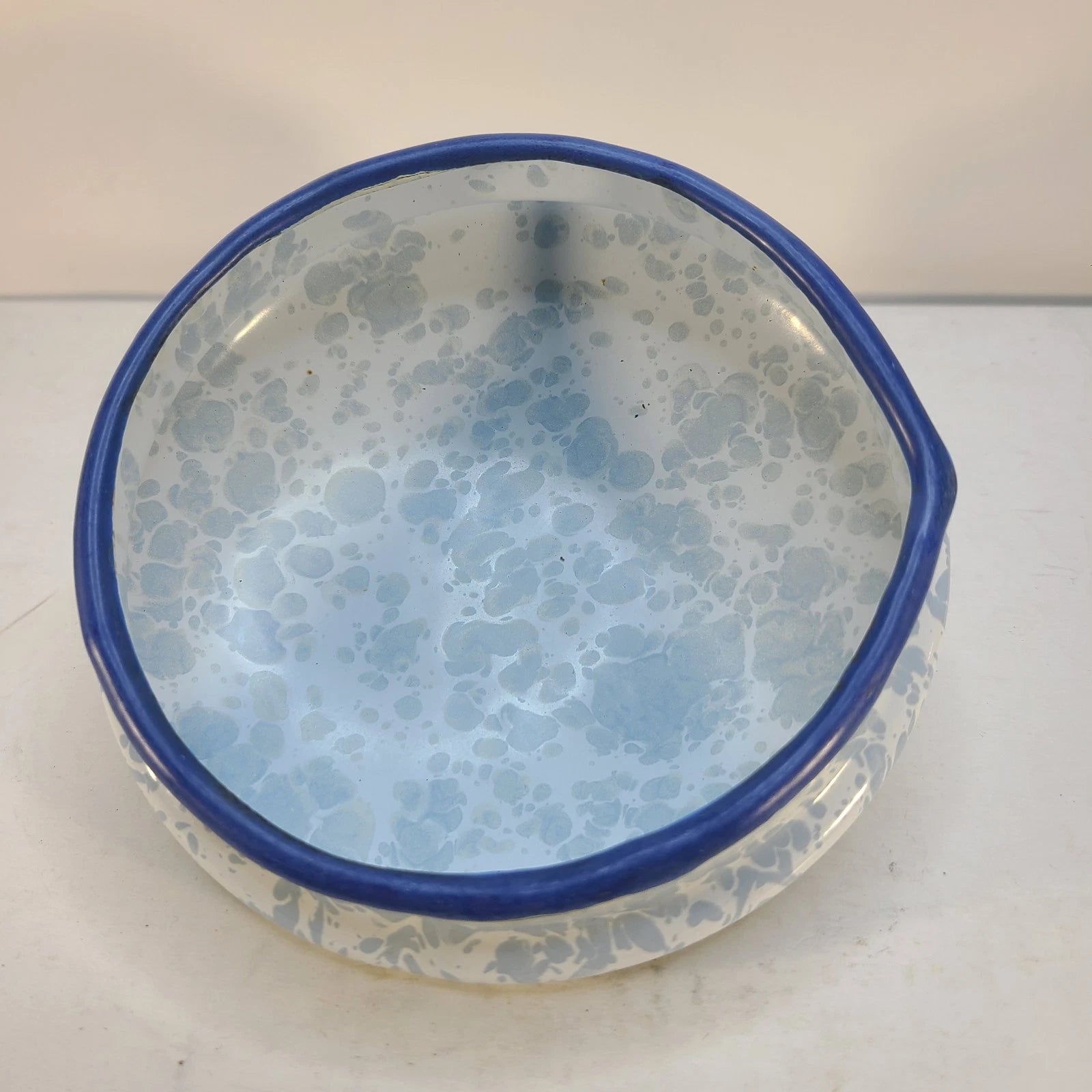 Blue & White Enamel Spatterware Swirl "Country Kitchen" Tea Kettle 7" Dia 8" T