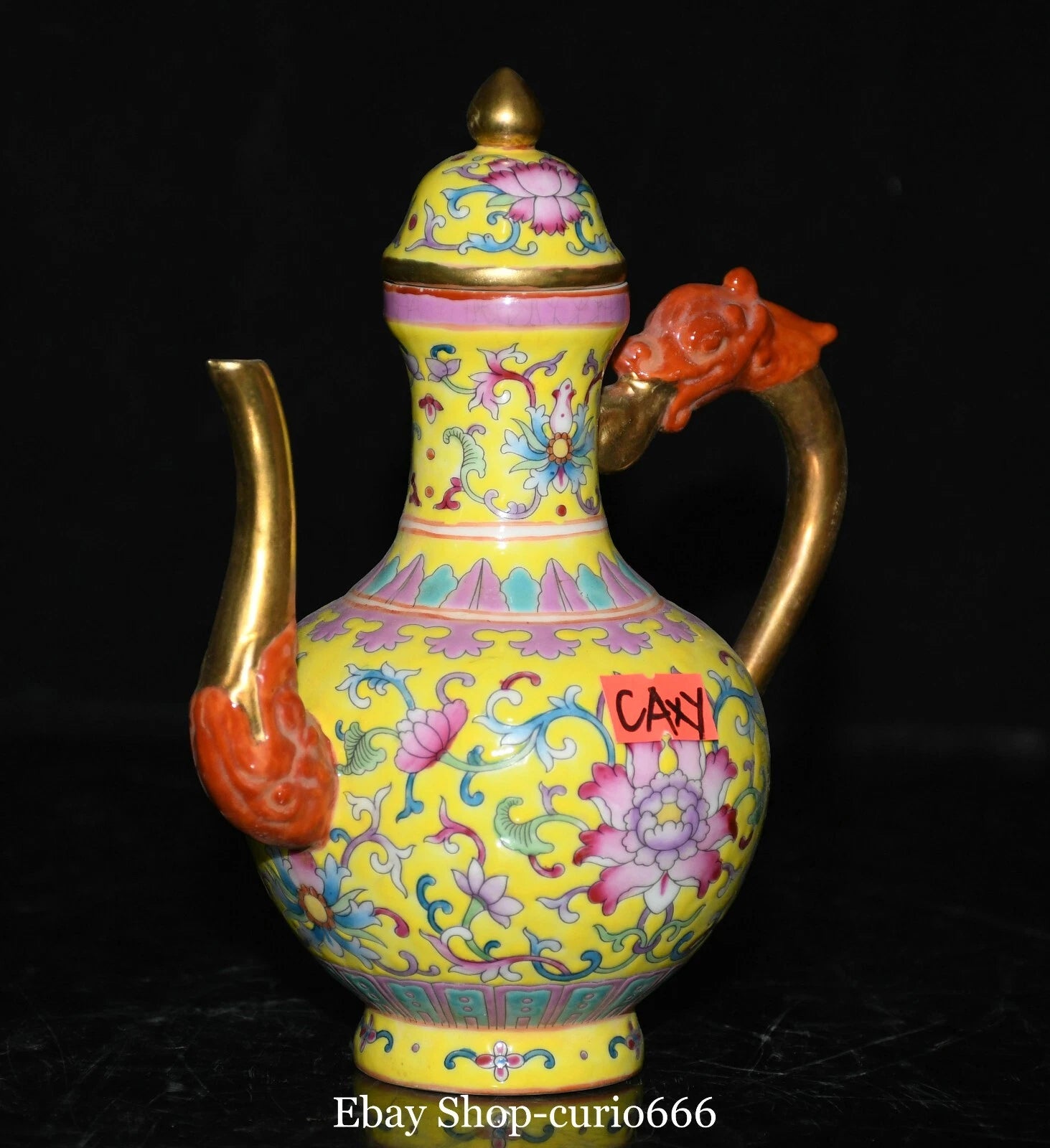 7'' Qianlong Colour Enamel Porcelain Gold Flower Dragon Loong Beast Kettle Pot