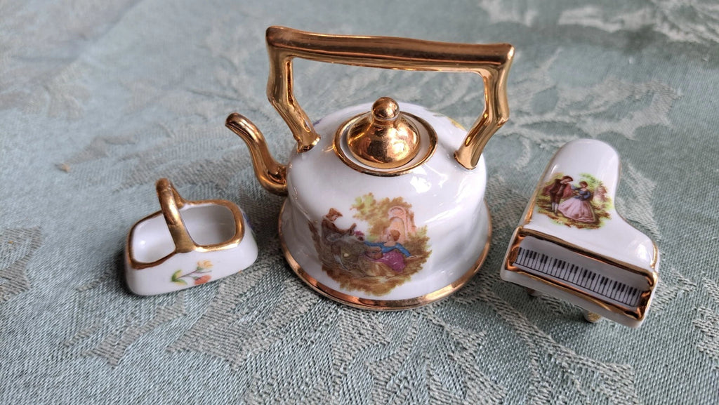 VTG Limoges France Lot Miniature Teapot Courting Couple Porcelain Piano, Basket
