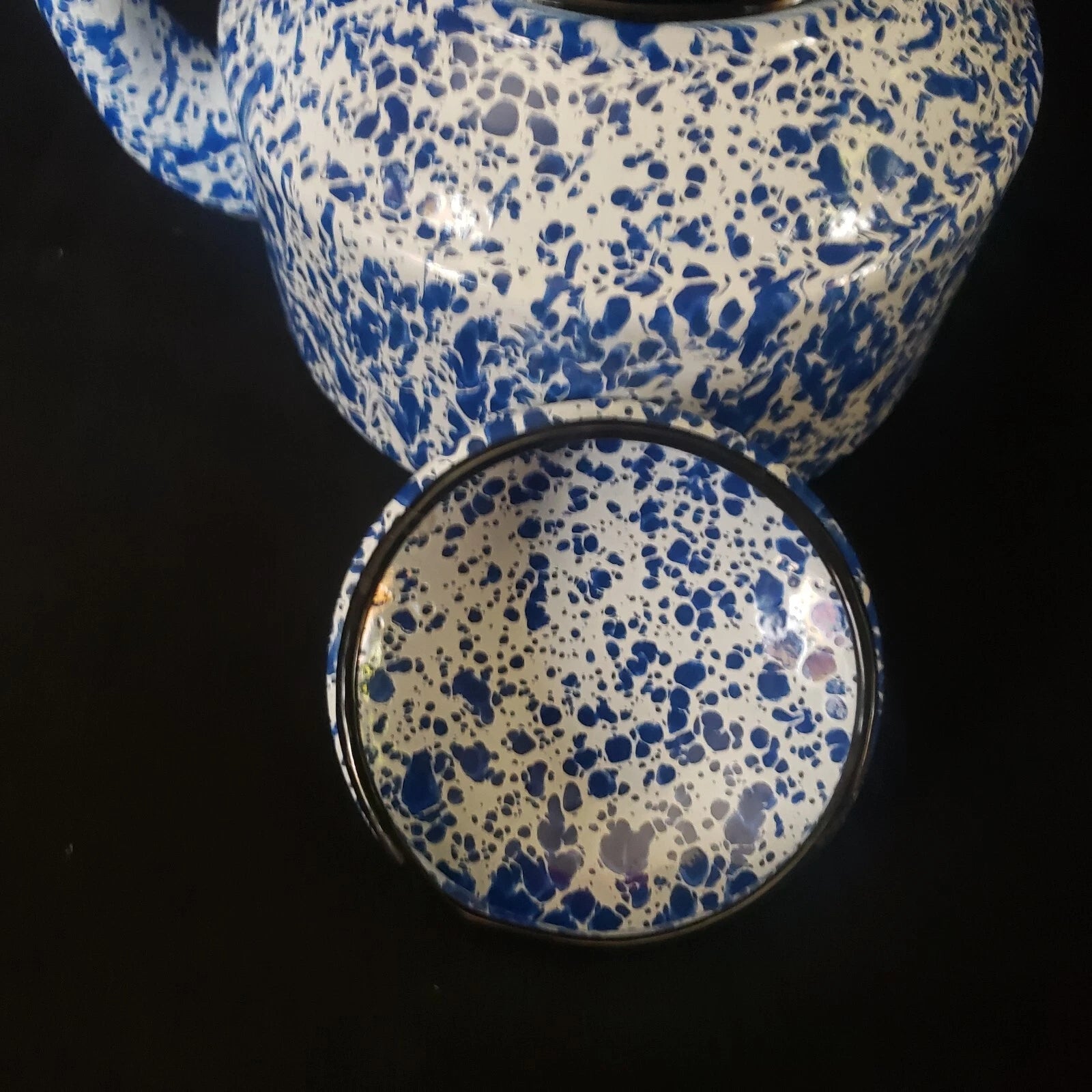 Vintage Enameled Ware Blue White Splatter Tea Kettle