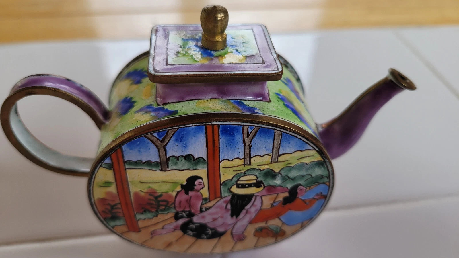 Miniature Brass & Enamel Decorative Tea Pot/Kettle, Women Relaxing Woman