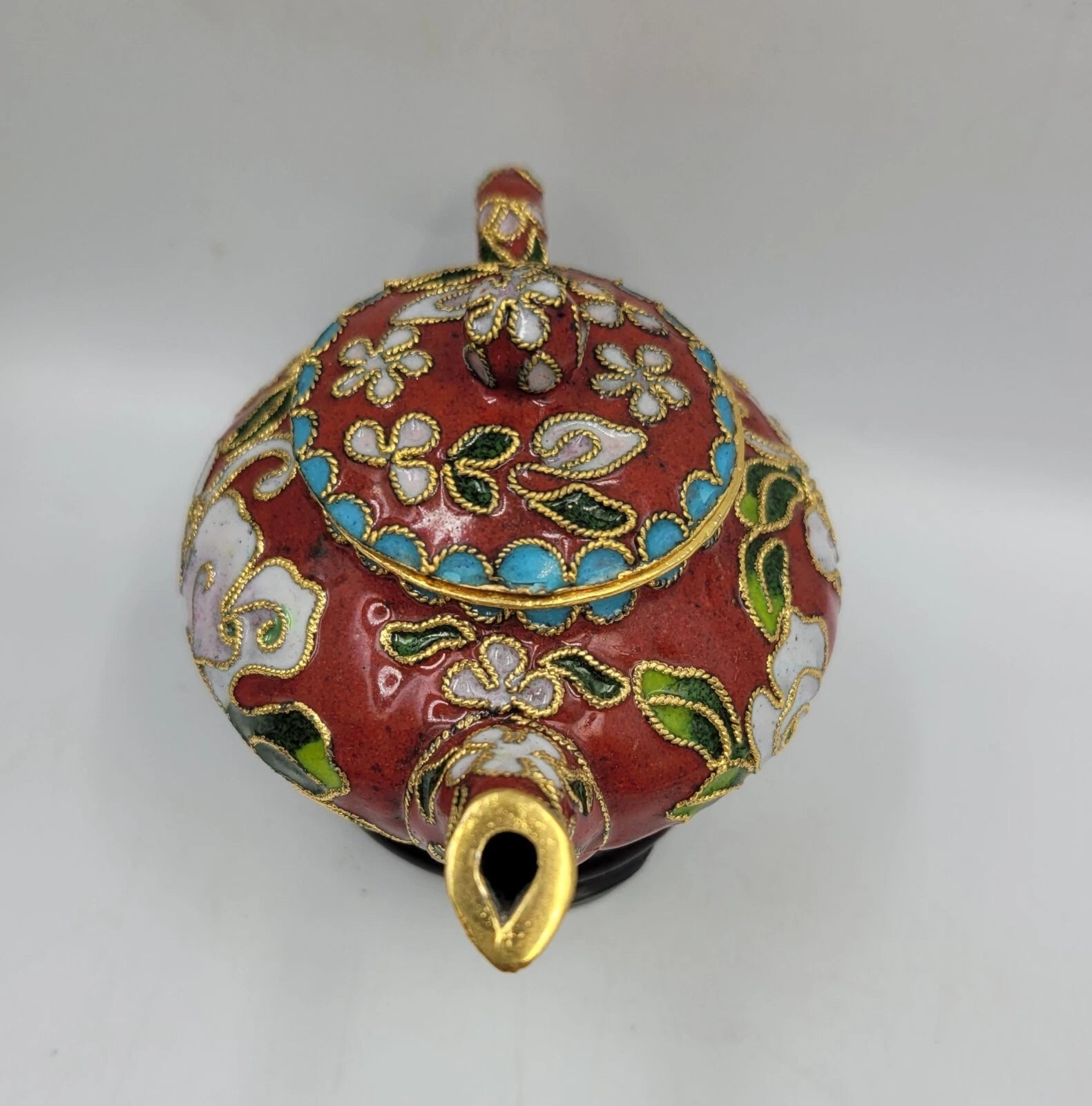 Chinese Enamel Cloisonné Miniature Teapot w/Box And Wood Stand Vintage