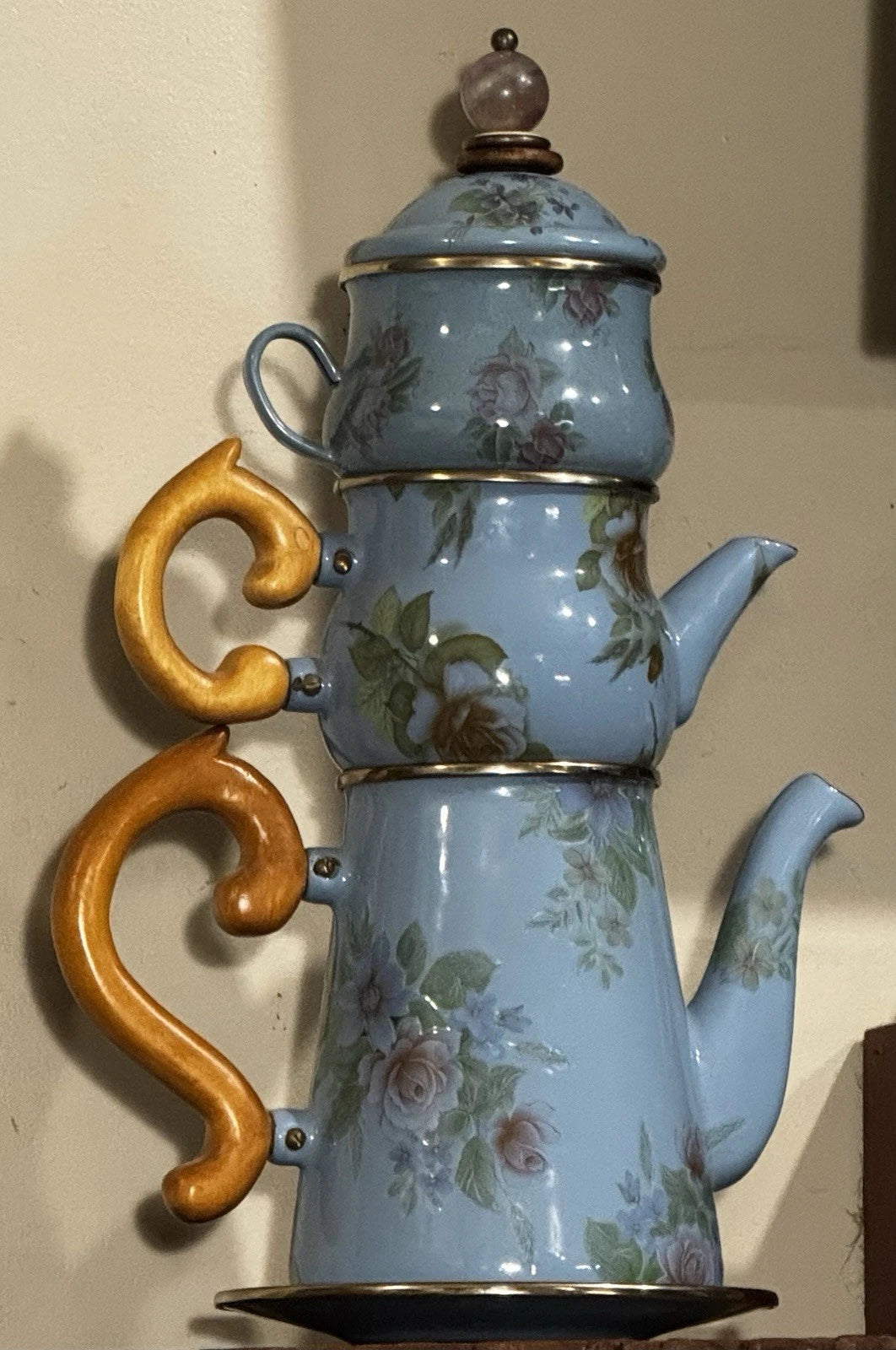 MacKenzie Childs Stacked Camp Blue Flower Enamel Teapot Cream & Sugar High tea