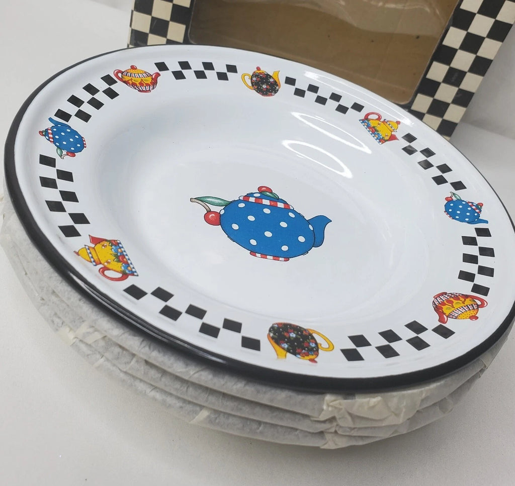 Vtg Mary Engelbreit Enamel Teapot Plate Set 4 Salad Dessert Plates Box New