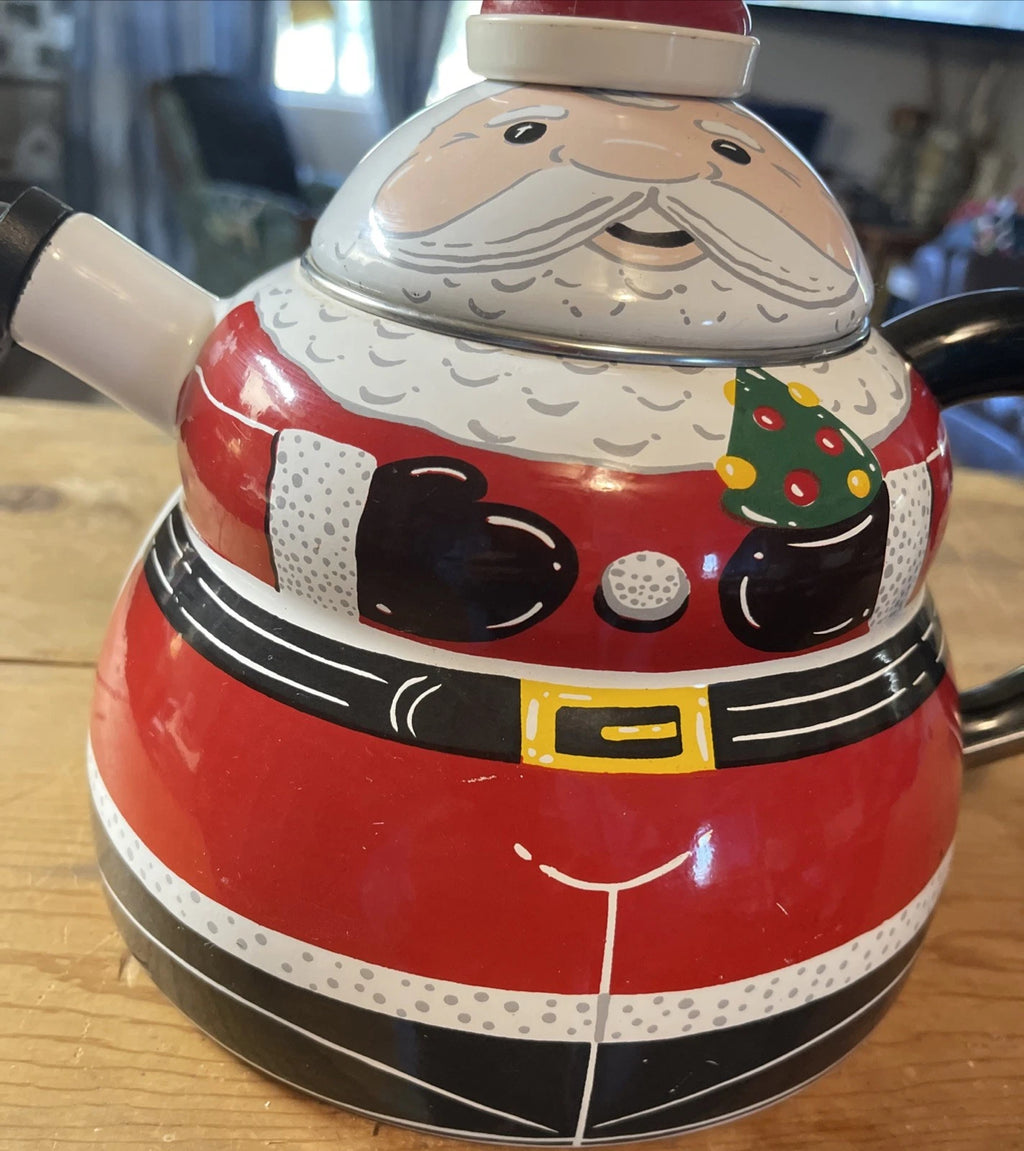 ROSCHO Jolly Santa Claus Enamel Whistling Tea Pot Kettle Holiday 3 Qt Christmas