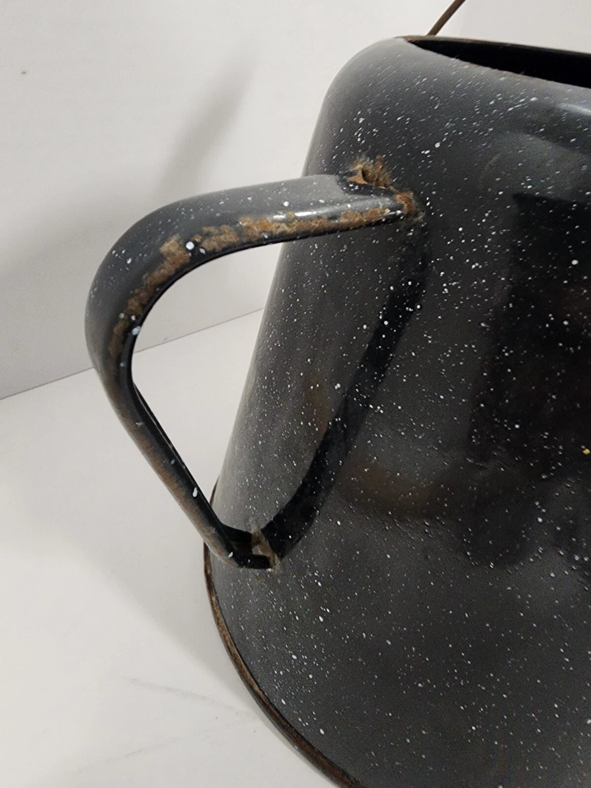 Vintage Enamelware Coffee Tea Pot, Camping Kettle Black Speckled 8” Tall No Lid