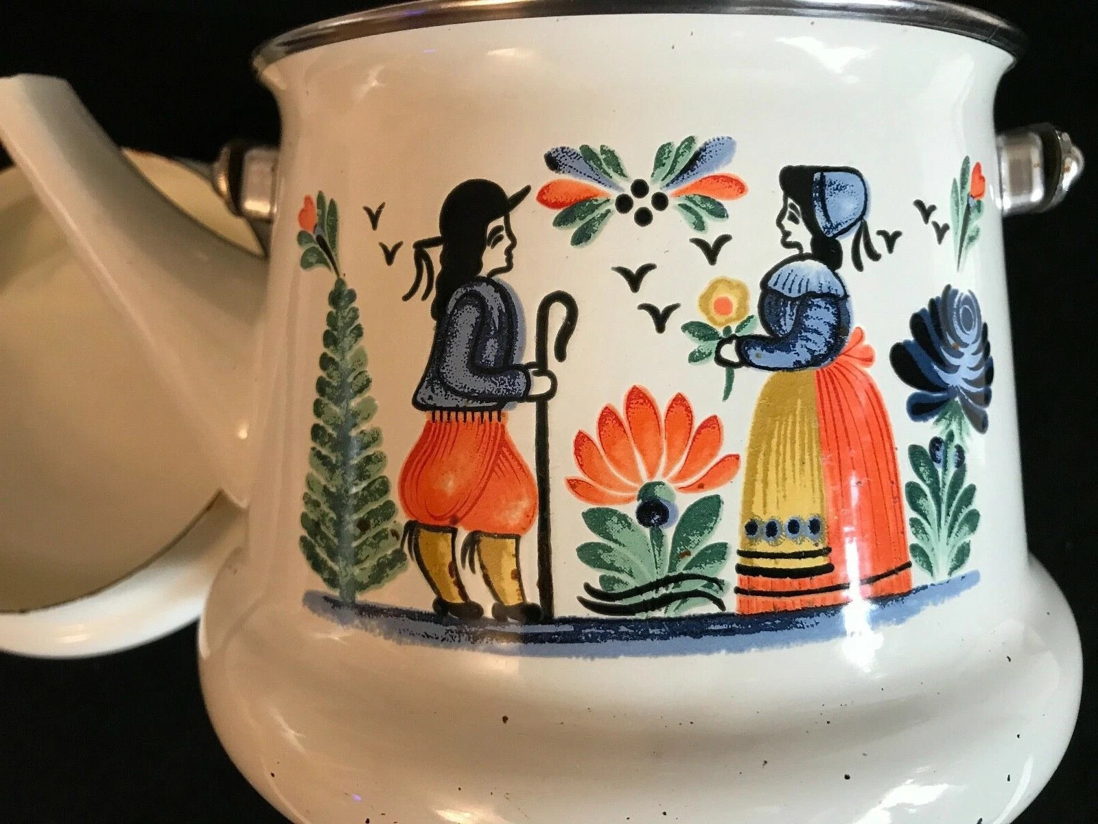 Unusual Quimper Enamel Tea Kettle,Tea Pot  French Peasants, Wood & Metal Handle