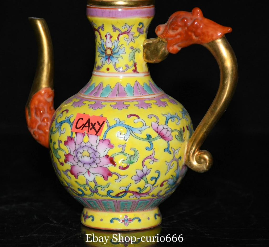 7'' Qianlong Colour Enamel Porcelain Gold Flower Dragon Loong Beast Kettle Pot
