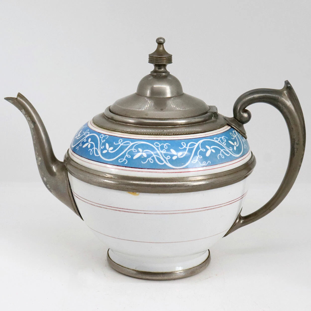 Antique American Manning, Bowman & Co. Pewter & Enamel Teapot c. 1880