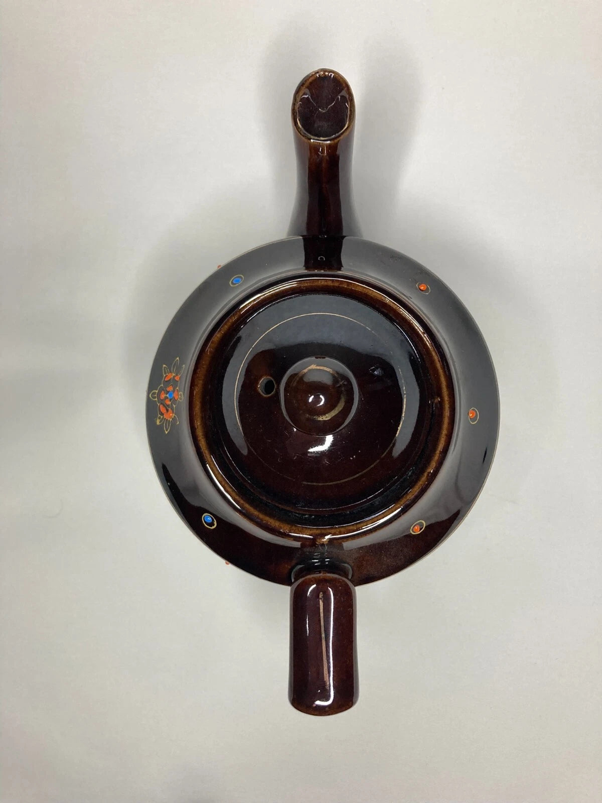 Vintage Brown Teapot Japan Moriage Enamel Dots Lattice Gold Trim 8"