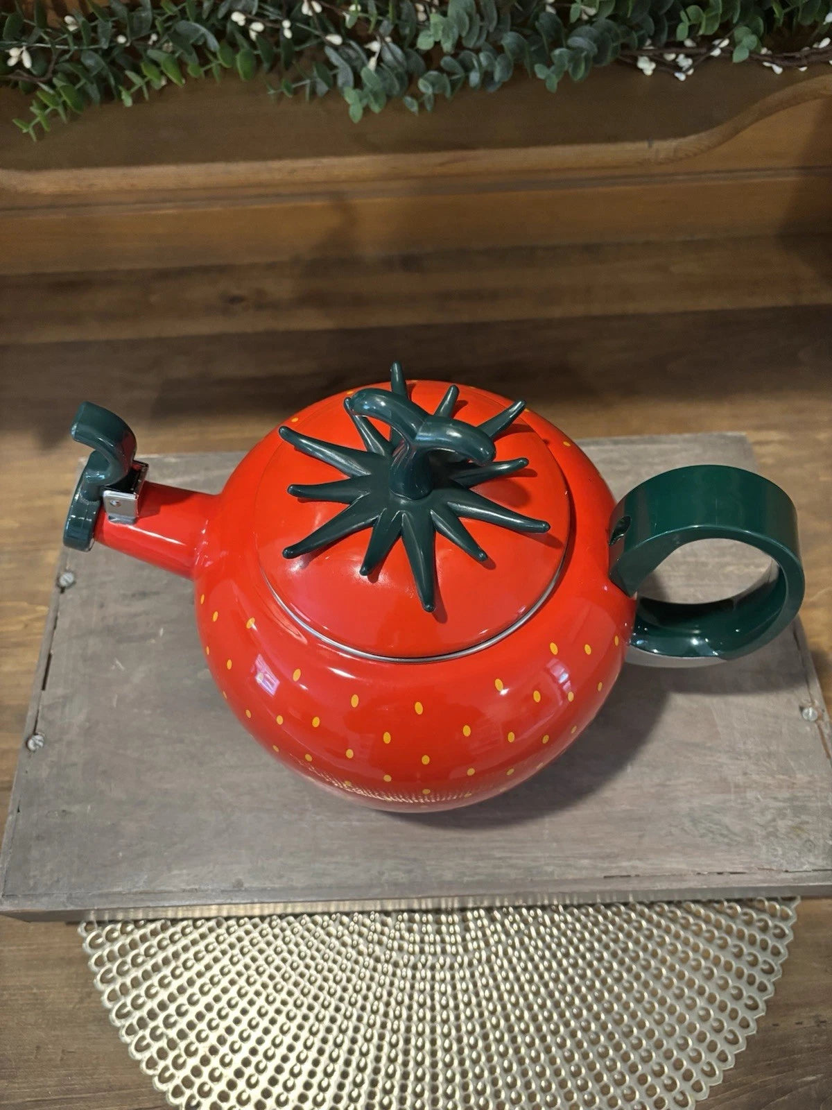 Vtg 90s Copco Strawberry Tea Kettle Enamel Whistling Complete 2.5Qt Cottage Core