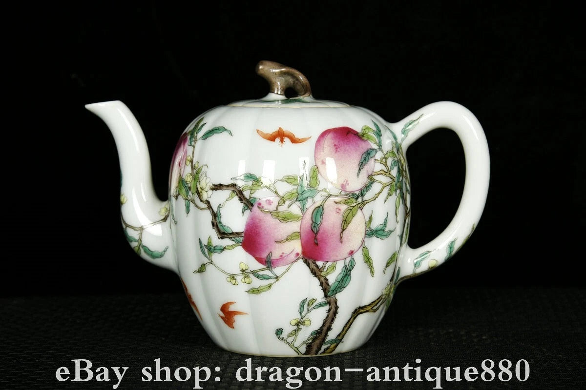 6.2" Qianlong Marked Enamel Colour Porcelain Fo Shou Peach Wine Tea Pot Flagon
