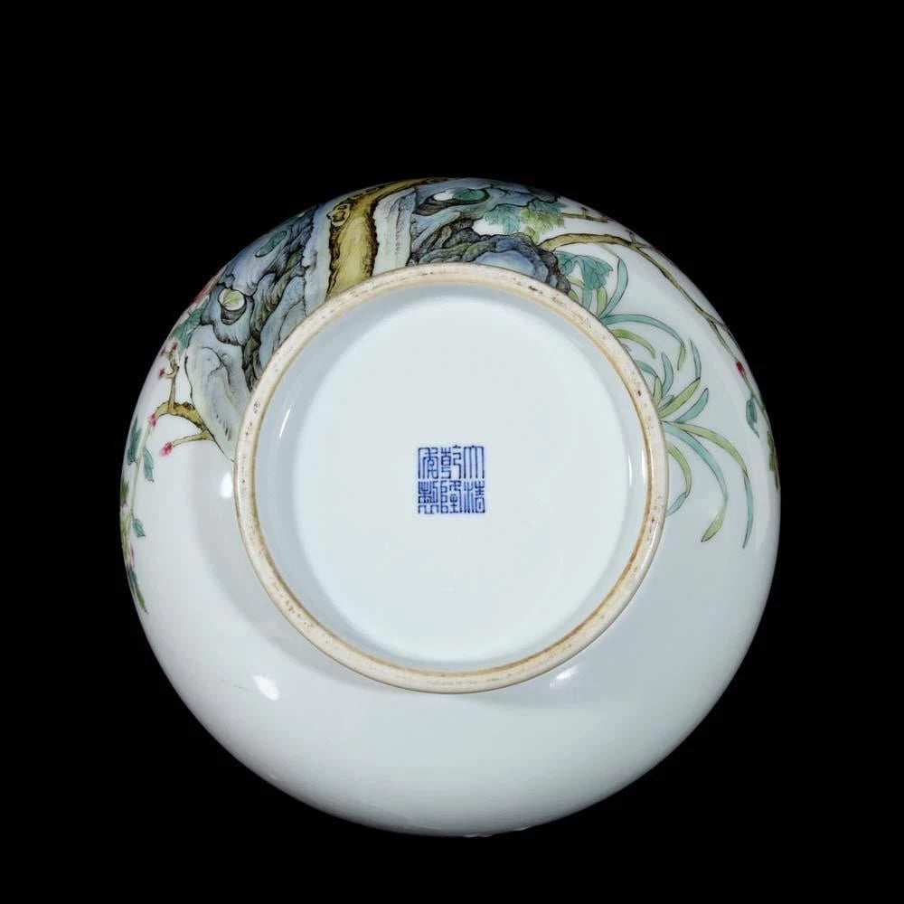 24CM Qianlong Signed Old Chinese Colour Enamel Vase W/bird N3729