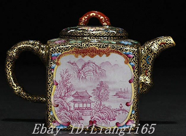 5.5" Old Qing Dynasty Enamel Colour Porcelain Gilt landscape Wine Tea Pot Flagon-