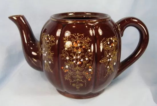Vintage Brown Pottery Teapot With Hand Painted Enamel Flowers & No Lid AS IS (O)
