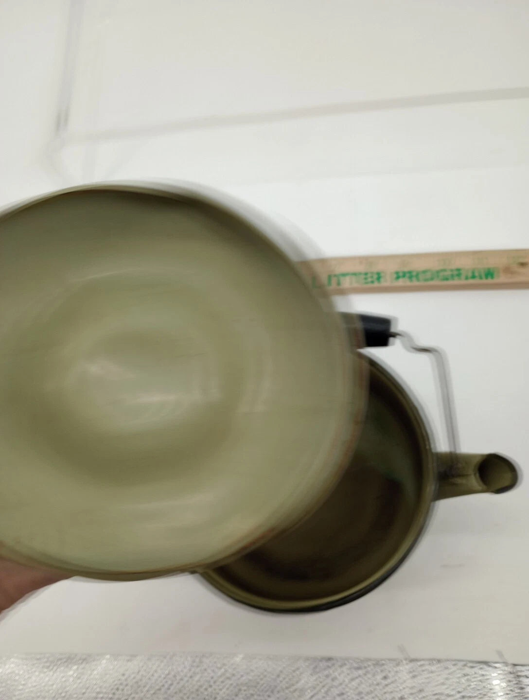 Vtg Avocado Green Enamelware Teapot Wire Bale Wood Handle  Farmhouse Primitive