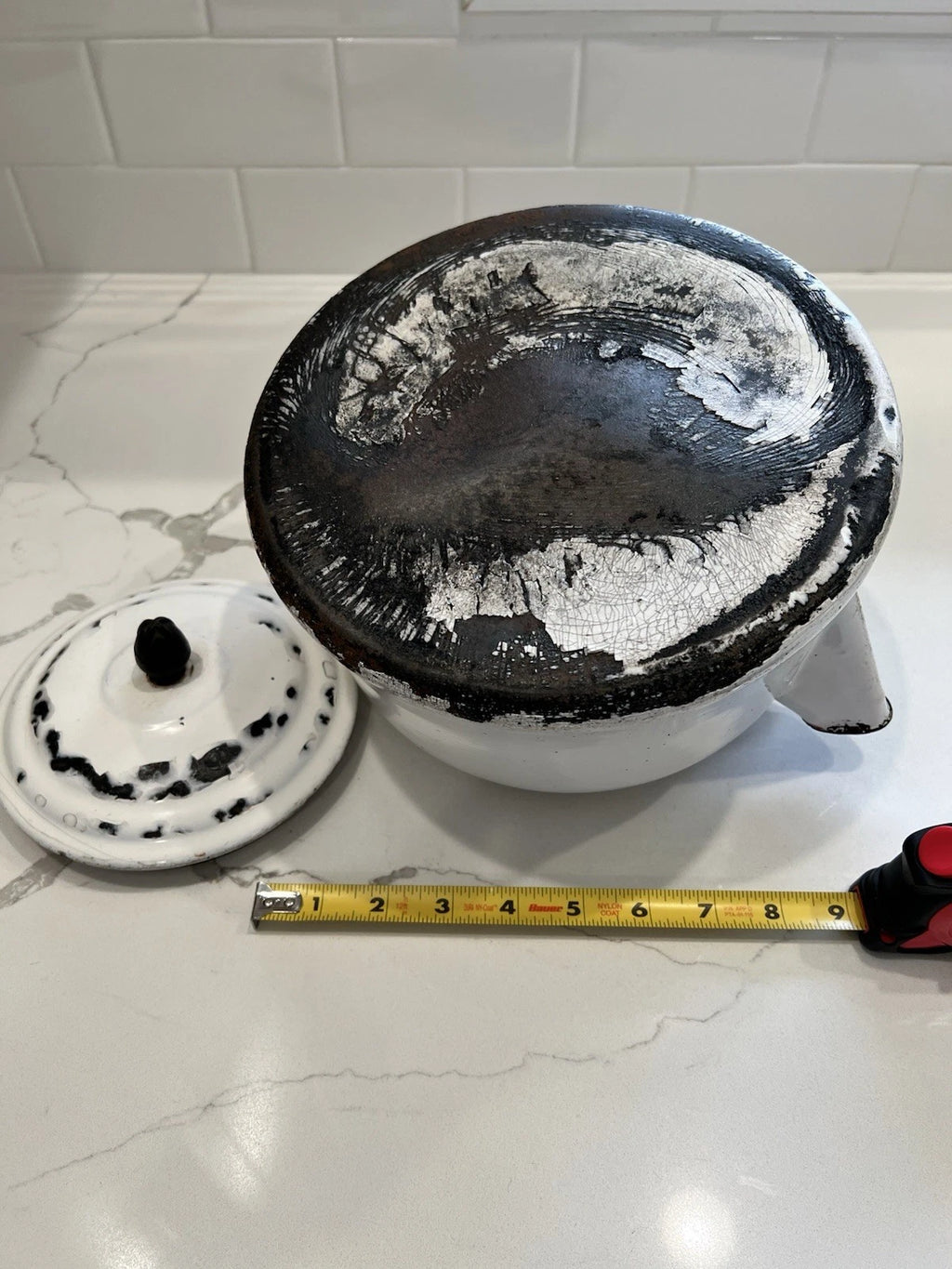 VTG Enamelware Tea Kettle Very Rustic W/Vintage Charm Whitewash/ Red Trim